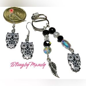 Earring and keychain set !! Fun owl theme black and white
